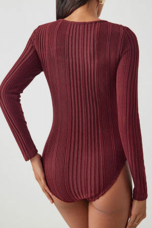 Deep Red ribbed keyhole bodysuit with long sleeves.
