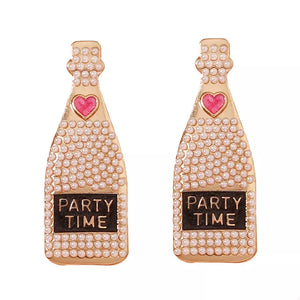 Champagne bottle drop earrings with pearls, pink heart, and PARTY TIME text.