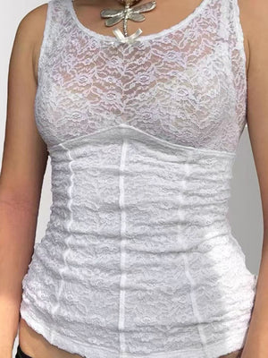 White lace bustier-inspired tank top with ruched detailing and a scoop neckline.