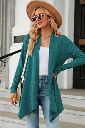 Turquoise textured knit cardigan with asymmetrical drape front and long sleeves.