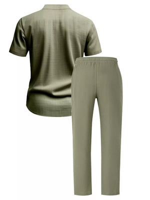 Men's Casual Button-up Short Sleeve Shirt And Pants Set, model styling view