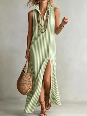 Full Size Striped Maxi Dress With High Slit in Red, close-up detail