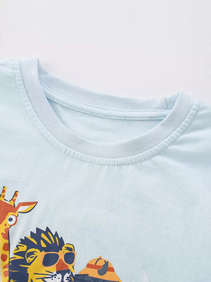 Light blue cotton baby tee with playful safari animal graphic and crew neck.