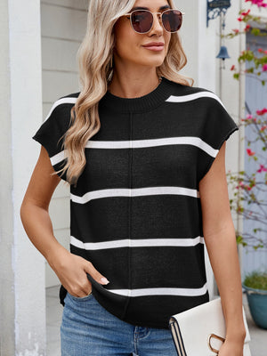 Black and white striped knit tee with center seam and short sleeves.