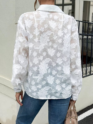 Sheer Floral Button Up Shirt in White, back view