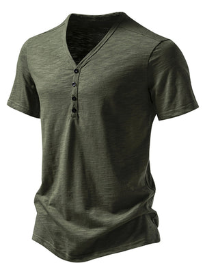 Men's casual Army Green cotton blend t-shirt with button placket and curved hem