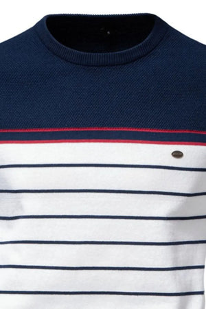 Navy and white striped crewneck sweater with red trim and textured knit upper.