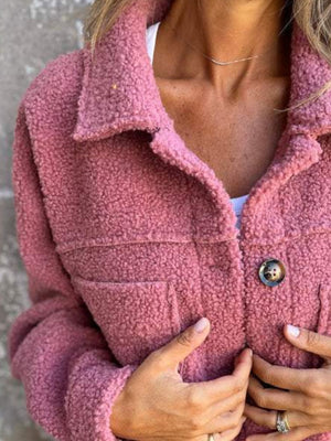 Textured sherpa utility jacket in Dusty Pink with button front and chest pockets.