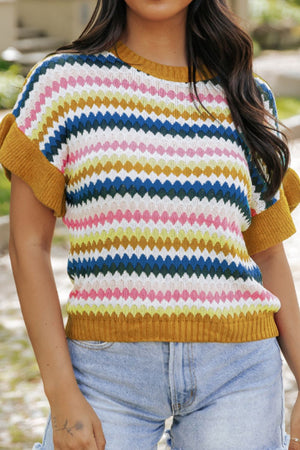 Textured knit sweater with multicolor stripes and mustard yellow contrast trim sleeves and hem.