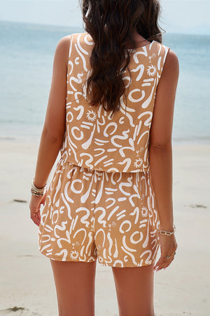 Women's tan abstract print crop top and shorts set, 100% viscose, casual summer outfit.