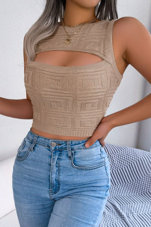 Khaki knit tank top with geometric pattern and cutout detail, cropped length.