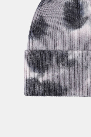 Ribbed knit beanie in gray tie-dye pattern with a cuffed hem