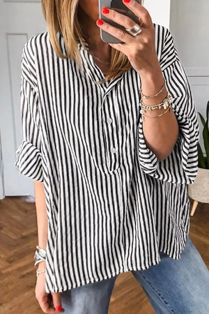 Striped Half Sleeve Button-up Shirt in Black, front view