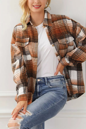 Plaid Button Up Shacket in Caramel, fit detail