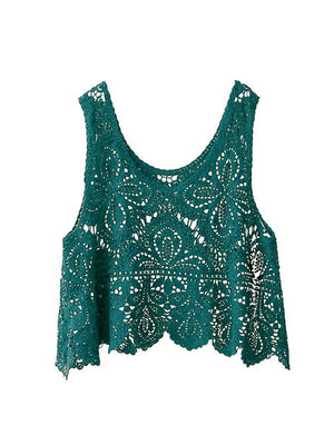 Turquoise lace overlay cropped vest with intricate floral pattern and scalloped hem.