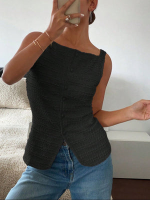 Black wavy textured button-front tank top with square neckline.
