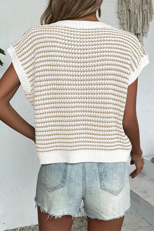 Sleeveless knit tank top in white with tan stripes, acrylic material, crew neck.