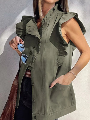 Olive green cotton ruffled denim vest with button closure and front pockets.