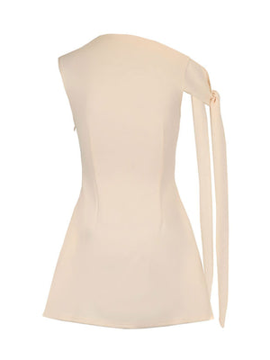 Apricot one-shoulder mini dress with asymmetrical bowknot detail and A-line cut.