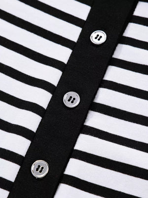 Black and white striped collared dress with button front detail