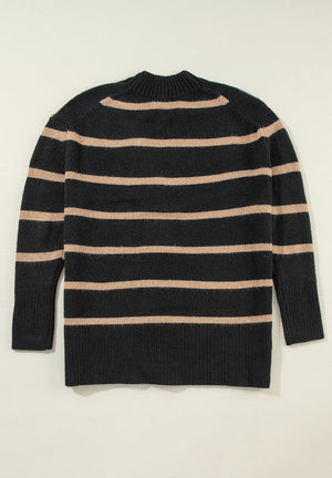 Black and beige striped acrylic cardigan with mock neck and ribbed cuffs.