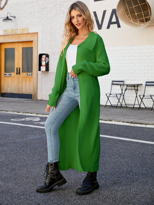 Longline knit collar cardigan in mid green acrylic with a relaxed fit.
