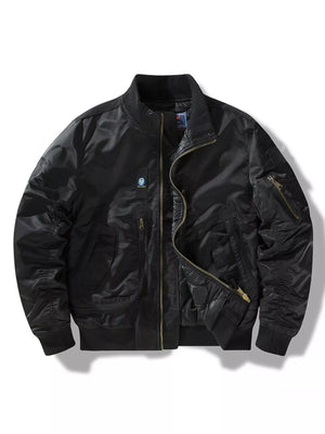 Men's black bomber jacket with full zip, ribbed cuffs, and multiple zippered pockets.