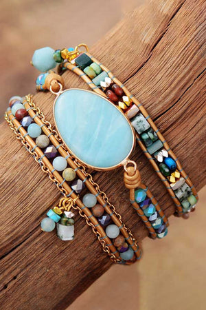 Amazonite and beaded wrap bracelet in aqua with gold chain detail