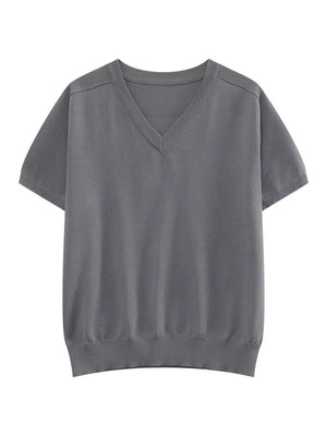 Men's light gray V-neck knit t-shirt with short sleeves and ribbed hem.