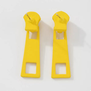 Yellow zipper drop earrings with square cutouts, alloy material