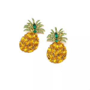 Pineapple dangle earrings with yellow and green rhinestones.
