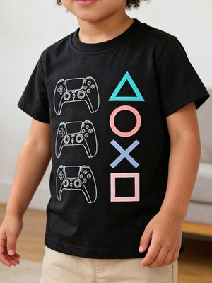 Black toddler t-shirt with gaming controller graphic and colorful button symbols