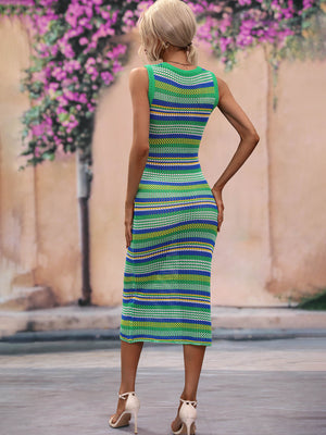 Striped knit sleeveless midi dress in green and blue acrylic with a round neckline.
