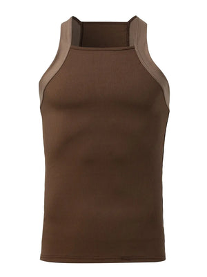 Coffee brown ribbed tank top with square neckline and contrasting straps.