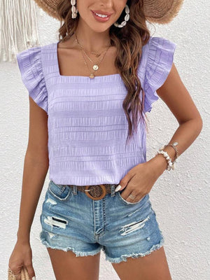 Lavender textured ruffle sleeve square neck blouse with smocked detail