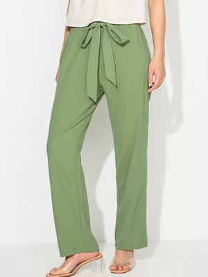 Maternity relaxed wide-leg pants in bean green with a tied waist detail.