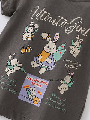 Toddler t-shirt with playful angel rabbit print and text on dark grey cotton.