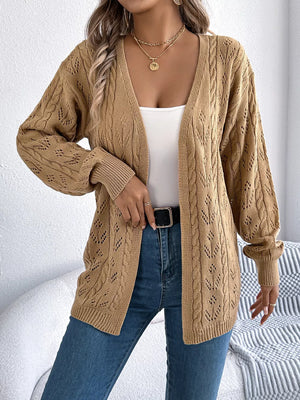 Khaki openwork acrylic long sleeve cardigan with cable knit details.