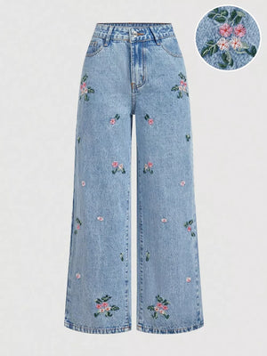 Embroidered Wide Leg Jeans in Blue, front view