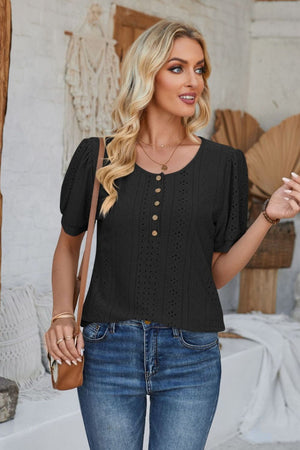 Black perforated puff sleeve henley top with button detail
