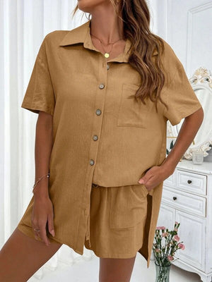Camel linen shirt and shorts set with button front and pockets