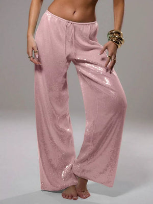 Drawstring wide leg sequin pants in dusty pink with a comfortable cotton blend.