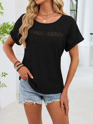 Black waffle knit t-shirt with lace trim detail on the chest and sleeves.