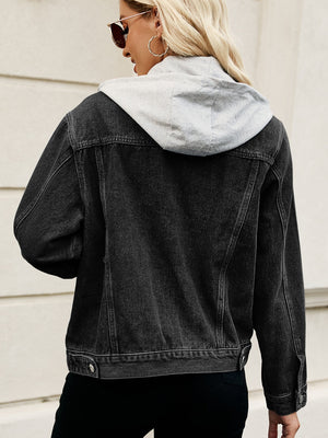 Black denim jacket with contrast grey hood, button front, and classic collar.