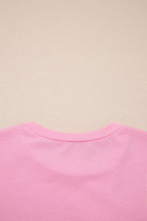 Solid Color Raw Edge Bow Patch Loose T Shirt in Pink, fabric detail