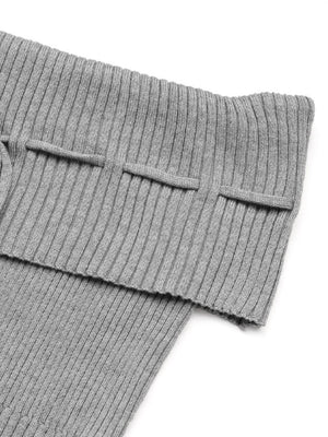 Gray ribbed knit off-shoulder blouse with bow detail and button accents