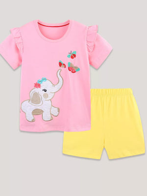 Baby girl's pink cotton t-shirt with elephant and butterfly embroidery, and yellow shorts.