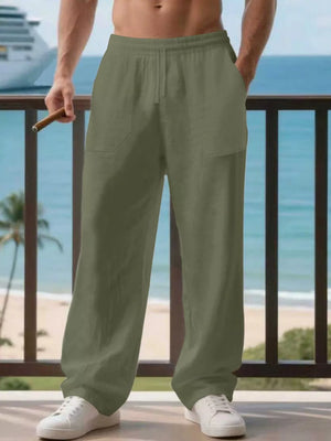 Men's military green linen drawstring joggers with side pockets, relaxed fit