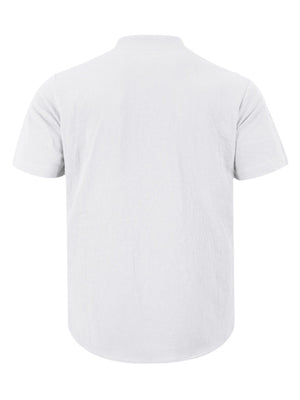 White short sleeve henley shirt with band collar and textured cotton fabric.
