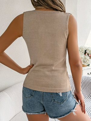 Tan openwork knit tank top with a square neckline and sleeveless design.